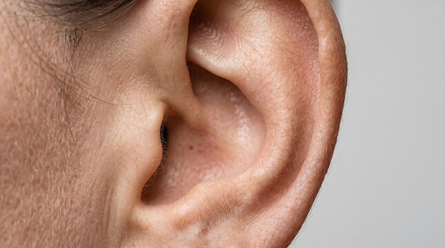Human ear close up showing skin texture and fine hairs with natural soft ambient bright lighting