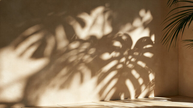 Tropical monstera palm leaf shadow on warm beige wall background with copy space