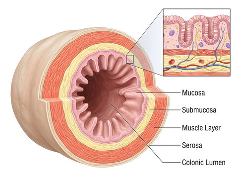 Cross section diagram of human colon anatomy layers isolated on white background