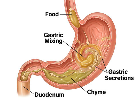 Human stomach digestion process with food and chyme isolated on white background