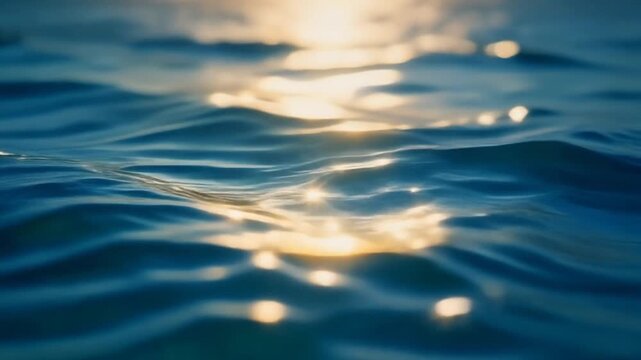 Gentle blue ocean waves reflecting glowing golden sunset light with sparkling glares. Perfect for tropical summer, relaxation, and travel video backgrounds.