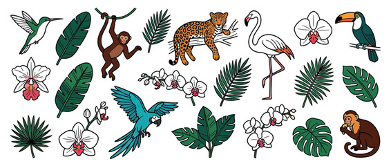 Tropical jungle animals and plants illustration, isolated elements © Entus