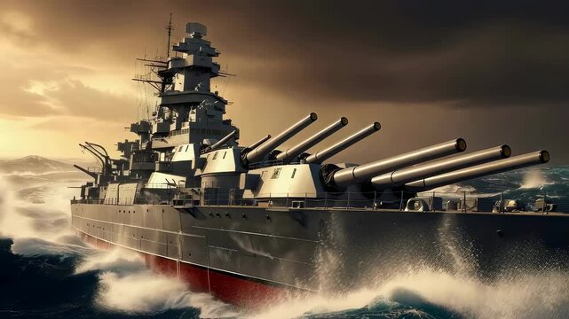 Battleship patrolling stormy ocean. Powerful navy vessel moving through massive waves under dramatic sunset sky. Military maritime power during intense naval mission.