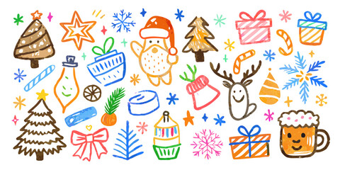 Fototapeta premium Hand drawn christmas doodles including trees gifts and reindeer silhouette