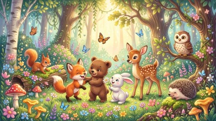 Obraz premium Enchanting Forest Scene with Adorable Woodland Creatures Gathering Together.
