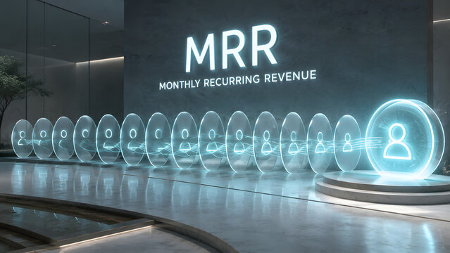 Row of illuminated user icons glowing in modern interior to represent monthly recurring revenue growth and customer retention