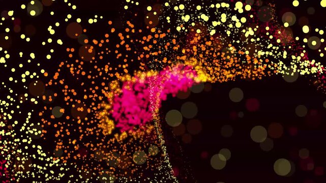 Glowing golden and pink particles swirling in dynamic motion across a dark void energy wave