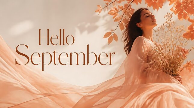 Woman in flowing dress holding wheat with Hello September text.
