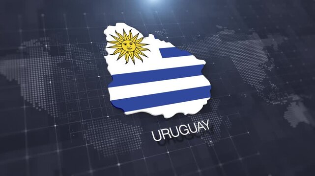 Uruguay map with national flag on digital world map background, geographic border, global political and international news concept