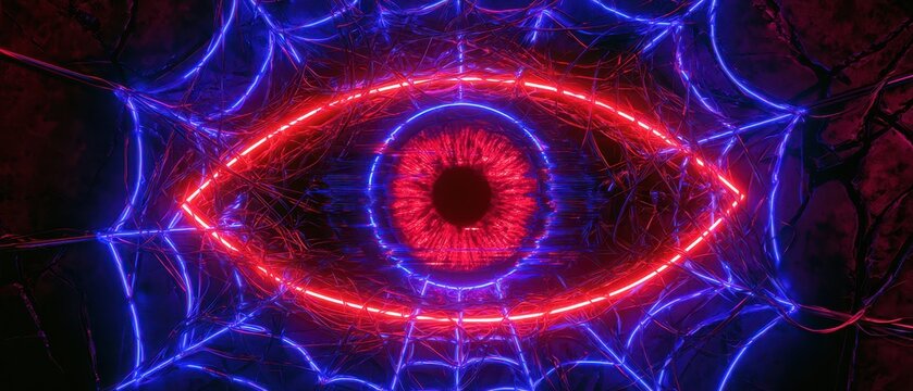 Scary Neon Eye Halloween Banner with Red and Blue Glowing Lights