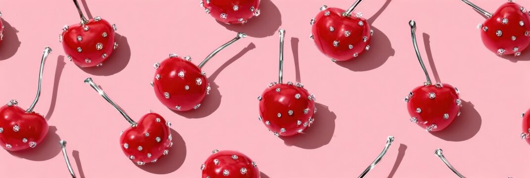 Luxury Red Cherries with Crystal Details on Pink Background