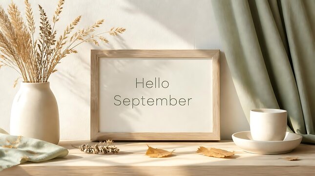 Hello September text on a wooden frame with dried flowers and coffee cup.