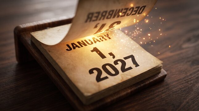 New Year 2027 Countdown - Vintage Tear-Off Calendar Flipping From December 31 To January 1 With Glowing Sparks

