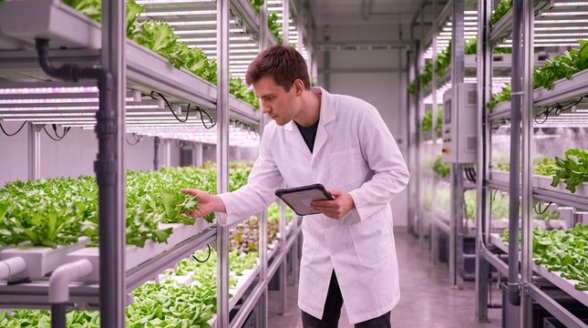 Scientist examining lettuce growth in a vertical farm with LED lighting and modern hydroponic systems