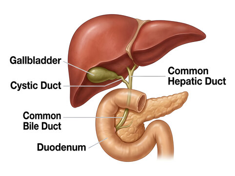 Human liver anatomy with gallbladder and bile ducts labeled isolated on white background