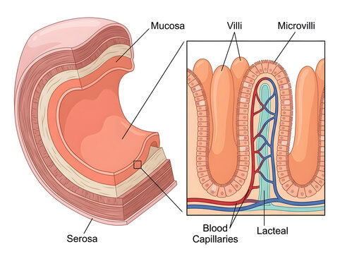 Intestinal villi and microvilli cross section diagram isolated on white background
