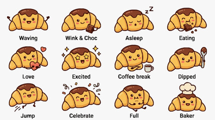 Obraz premium Corporate Charm Adorable Chocolate Croissant Themed Emoji Illustrations for Branding Presentations and Social Media