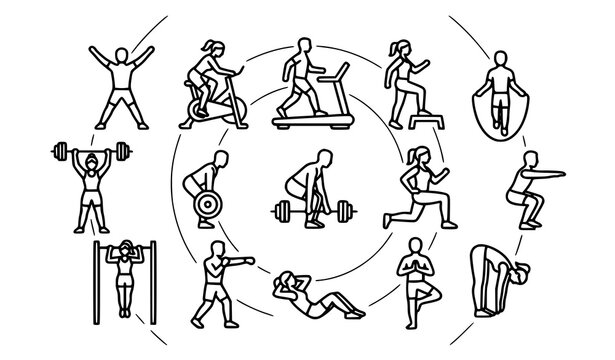 People Gym Workout Exercise Line Art Vector Set, Fitness Activity Icons