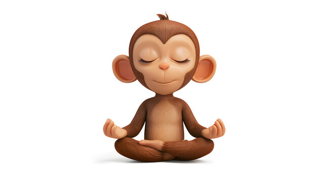 A cute, meditative cartoon monkey peacefully ensconced in a white background, in a lotus pose