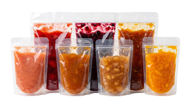 Transparent plastic stand-up pouches with fruit jam, flexible packaging for food preserves, colorful jelly in clear doy-pack bags isolated PNG with Transparent Background
