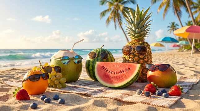Fresh tropical fruits arranged on a sunny beach with pineapple, watermelon, coconut, ocean, and colorful summer scenery.