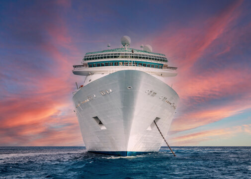 Cruise ship in Caribbean sea at sunset. Landscape with big cruise liner