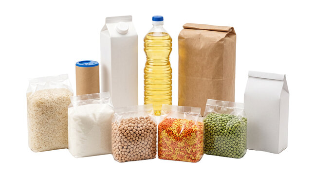 Essential food staples in blank packaging, grocery donation set with grains and oil, pantry supply collection for charity isolated PNG with Transparent Background