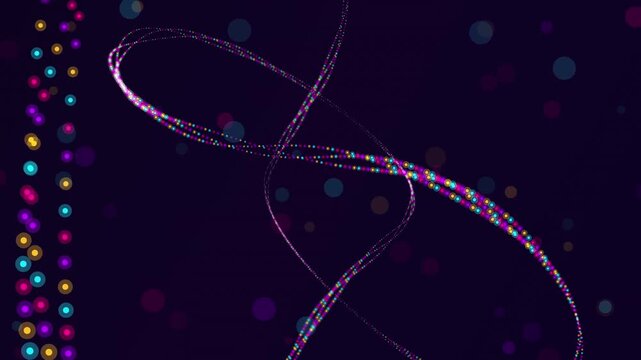 Glowing neon particles flow in smooth curves creating dynamic motion paths through a deep dark space