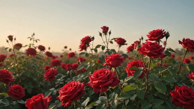 A field of vibrant red roses gently sways in the breeze under warm natural light.