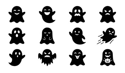 Obraz premium Halloween Bat Silhouette Icon Set with Flying, Hanging, Spreading Wing and Stylized Black Bat Symbols for Vector Illustration