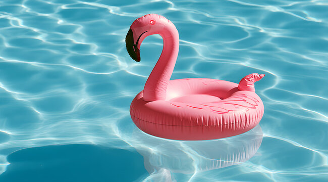 A drifting bright pink inflatable flamingo pool float is seen in the calm blue water