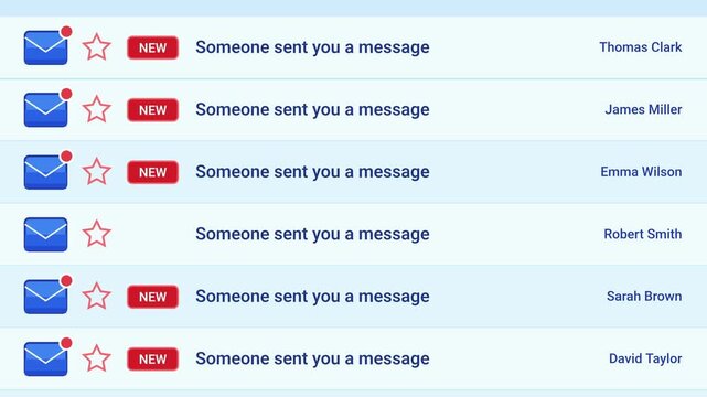 email inbox interface with scrolling new unread messages and blue envelope icons