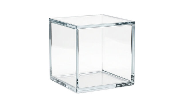 Minimalist clear acrylic cube, transparent glass display box, modern plastic pedestal for product showcase and museum exhibition isolated PNG with Transparent Background