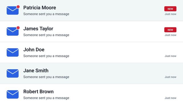 Animated digital mail interface featuring scrolling blue envelope icon, sender names and new message timestamps