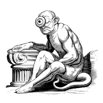 Engraving of a mythological cyclops by a column