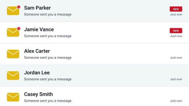 Scrolling message inbox animation showcasing yellow envelope icon, sender text and recent time indicators