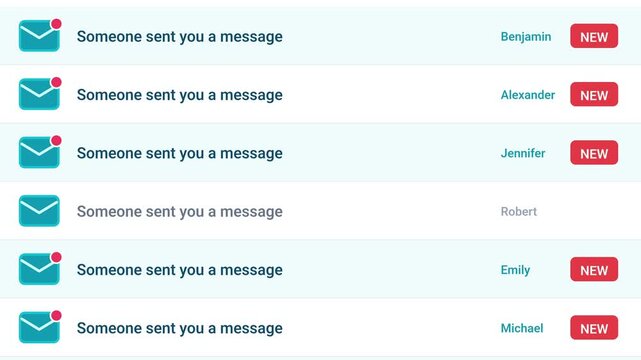 Animated inbox interface displaying incoming messages with mail icon, red notification and new status badges