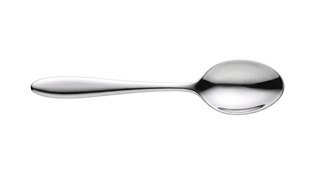 Polished stainless steel spoon, elegant silver metal teaspoon for dining, classic metallic kitchen utensil for food service isolated PNG with Transparent Background