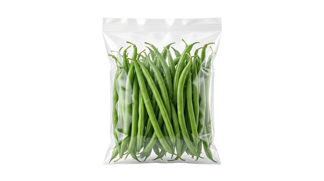 Fresh green beans in transparent plastic bag, raw organic string beans packaging, healthy vegetable grocery product for retail isolated PNG with Transparent Background