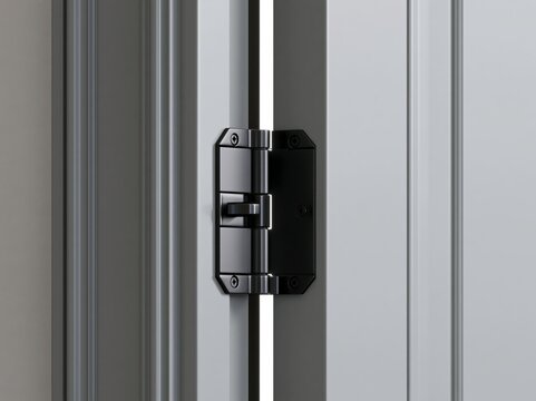 Residential door hinge in matte black on gray door with matching jamb
