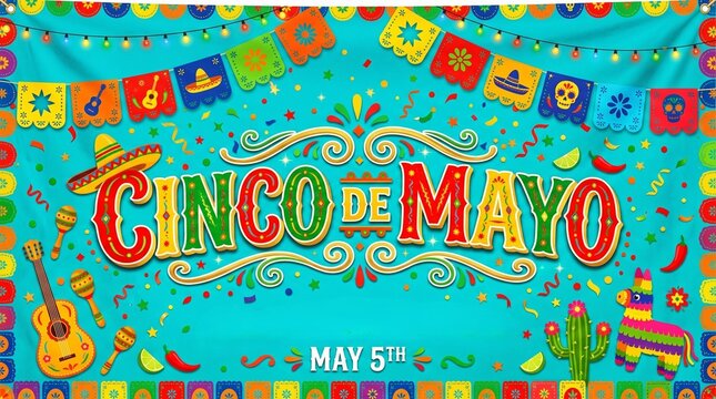 Cinco de mayo celebration banner featuring colorful papel picado bunting and traditional mexican maracas guitar pinata and chili peppers on vibrant teal backdrop.