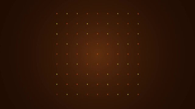 Glowing orange letters and numbers arranged in a grid pattern on a dark brown surface