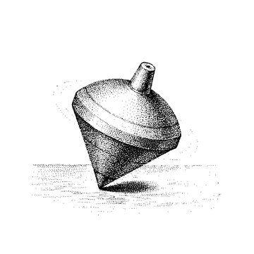 Stippled ink drawing of a spinning top toy