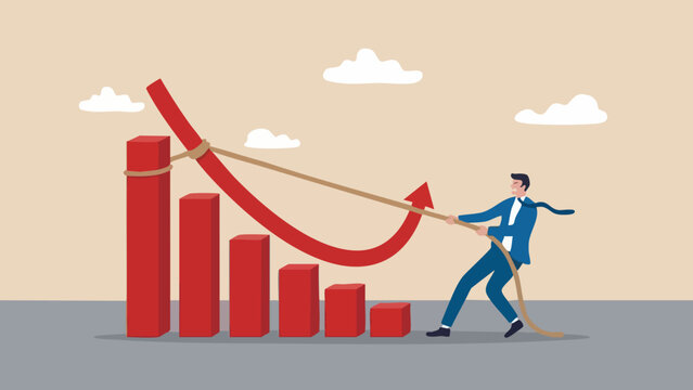 Businessman pulling a rope to lift a declining red bar chart, concept of business recovery, financial improvement, and business strategy concept