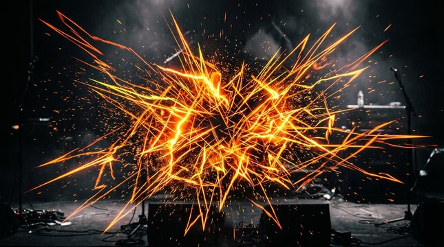 Bright Orange Electric Spark Burst Live Music Stage Background Dark Venue