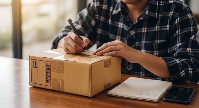 Person writing on a cardboard shipping box with a pen at a wooden table in a home office setting preparing a package for delivery and mailing during a busy workday afternoon at home