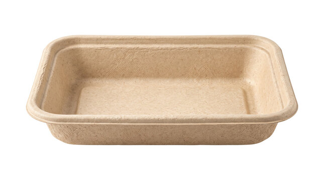 Eco-friendly brown paper food tray, biodegradable pulp packaging container, sustainable disposable meal box for takeout and catering isolated PNG with Transparent Background