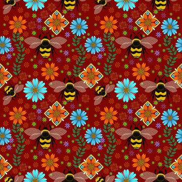 Vibrant seamless pattern with bumblebees, colorful flowers, and floral elements on red background vector illustration