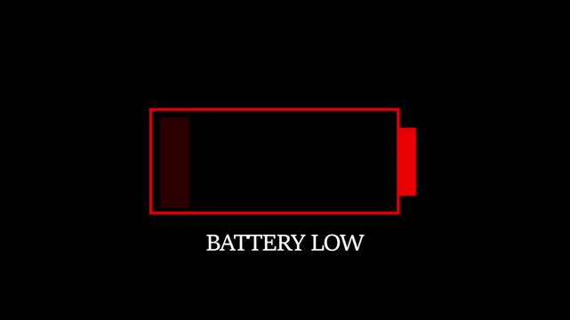 Low battery warning animation with pulsing red indicator for digital devices and energy depletion concepts