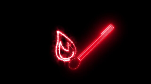 Glowing neon thermometer with fire flame animation on black background
